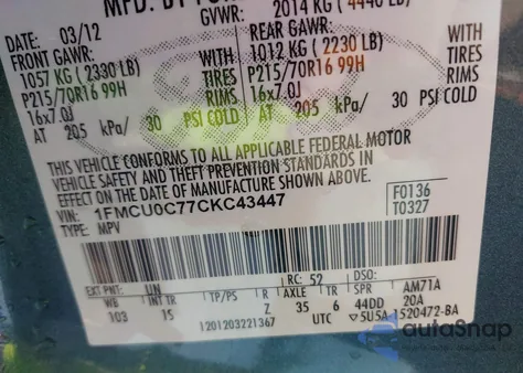 2012 Ford Escape Xls from USA, damaged, VIN 1FMCU0C77CKC43447